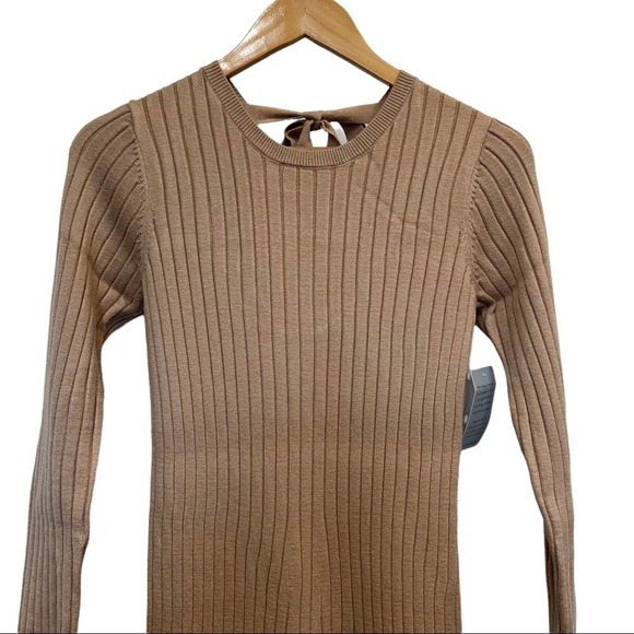 Wayf Ribbed Knit Sweater Dress Midi Tan Cutout Tie Emily x Dede Size XSmall New - Picture 5 of 11